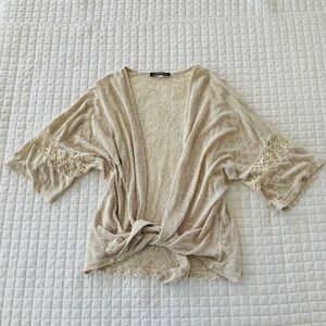 Beige Lace-Back Tie Front Kimono